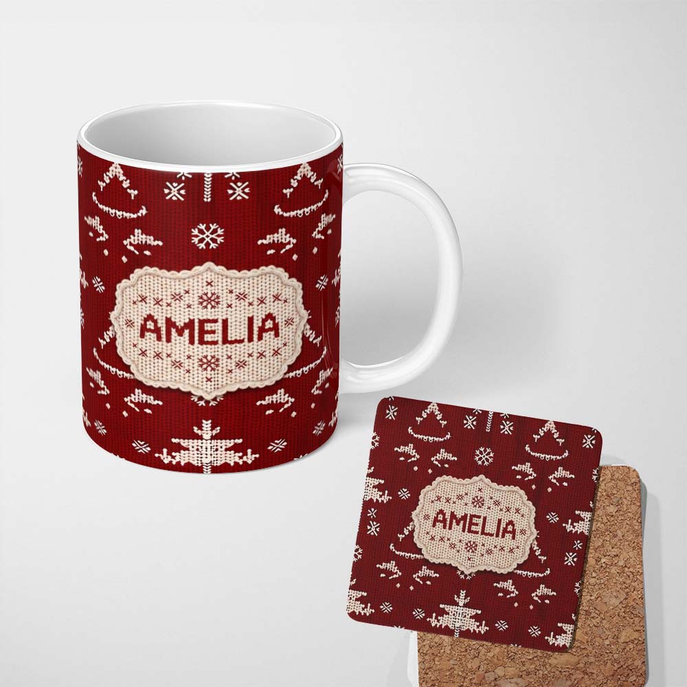 Personalized Custom Name Cute Nordic Knitted Christmas Tree Snowflake Red Seamless Pattern 11oz Ceramic Coffee Tea Mug White Large Handle