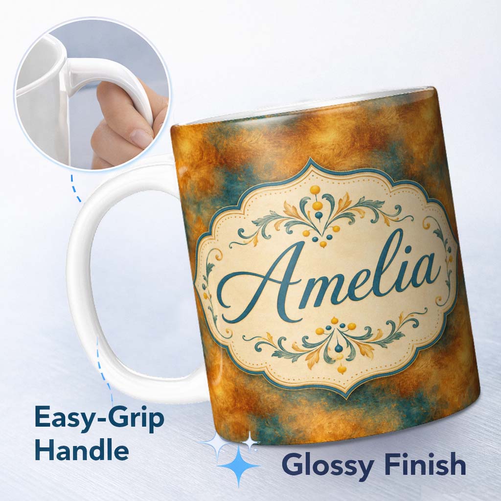 Personalized Custom Name Abstract Gold and Teal Oil Paint Texture Seamless Pattern Lovely 11oz Ceramic Coffee Tea Mug White Large Handle