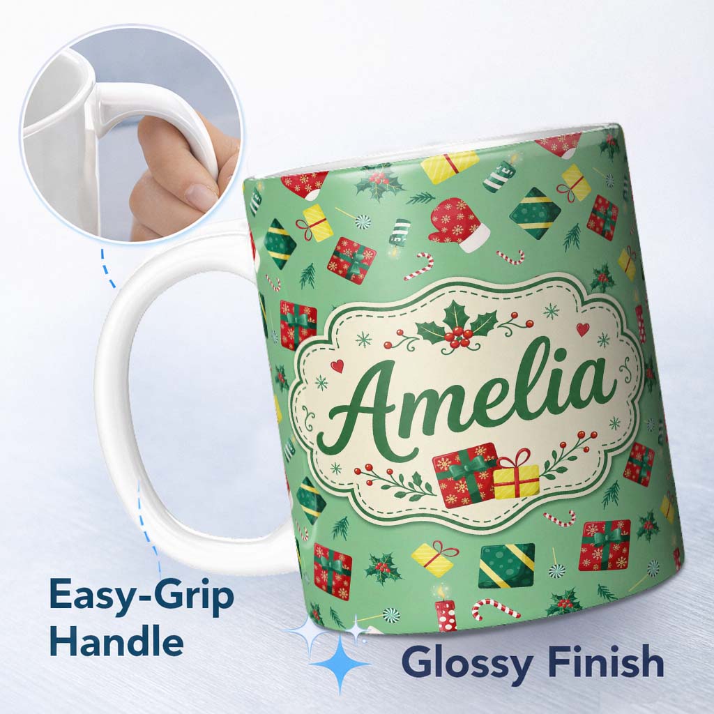 Personalized Custom Name Christmas Gifts Candy Cane Holly Mitten Seamless Pattern Lovely 11oz Ceramic Coffee Tea Mug White Large Handle