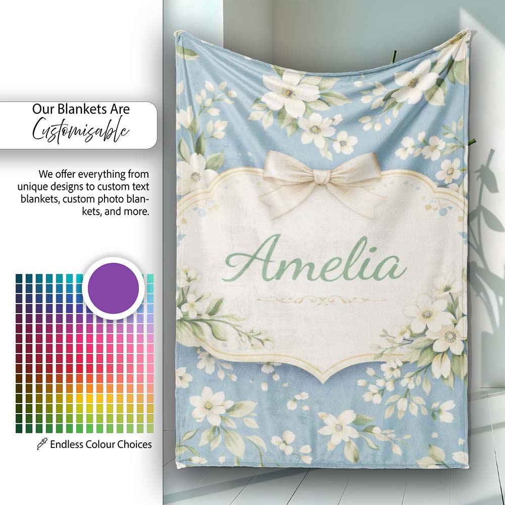 Soft White Floral Blossom Vintage Style Thoughtful Gift Idea Lovely Personalised Custom Name Super Soft Fleece Blanket Bed Sofa Throw