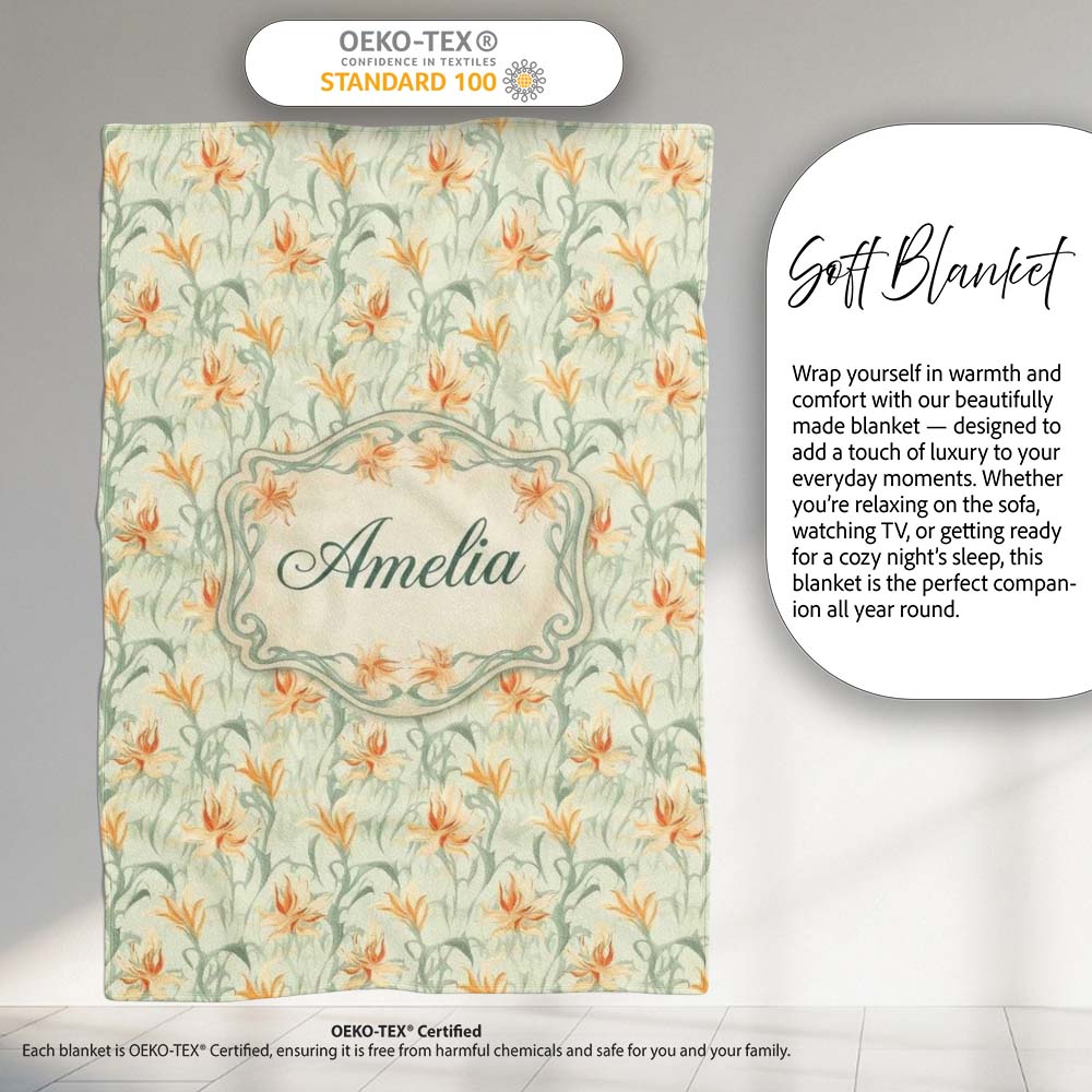 Elegant Floral Lily Garden Soft Vintage Style Seamless Pattern Personalised Custom Name Super Soft Fleece Blanket Bed Sofa Throw