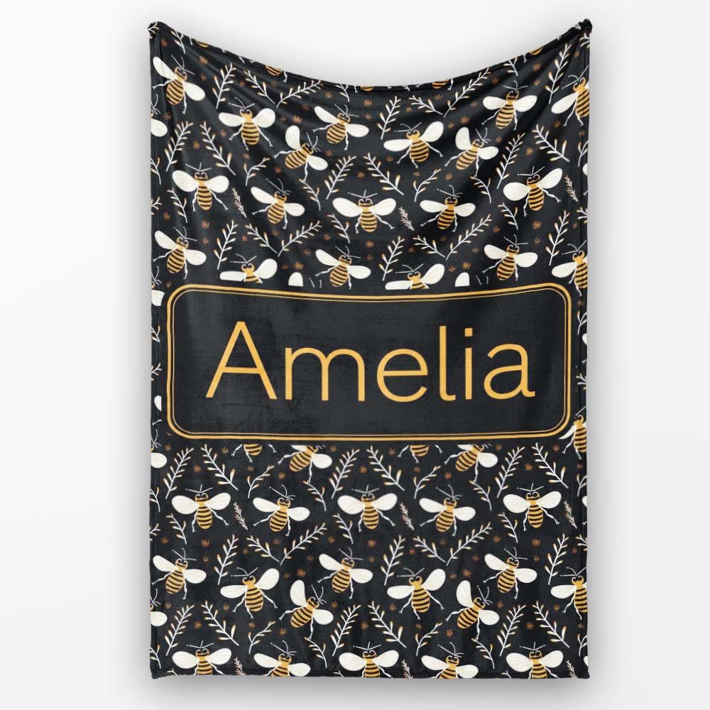 Cute Honey Bees and Botanical Leaves Dark Background Seamless Lovely Personalised Custom Name Super Soft Fleece Blanket Bed Sofa Throw