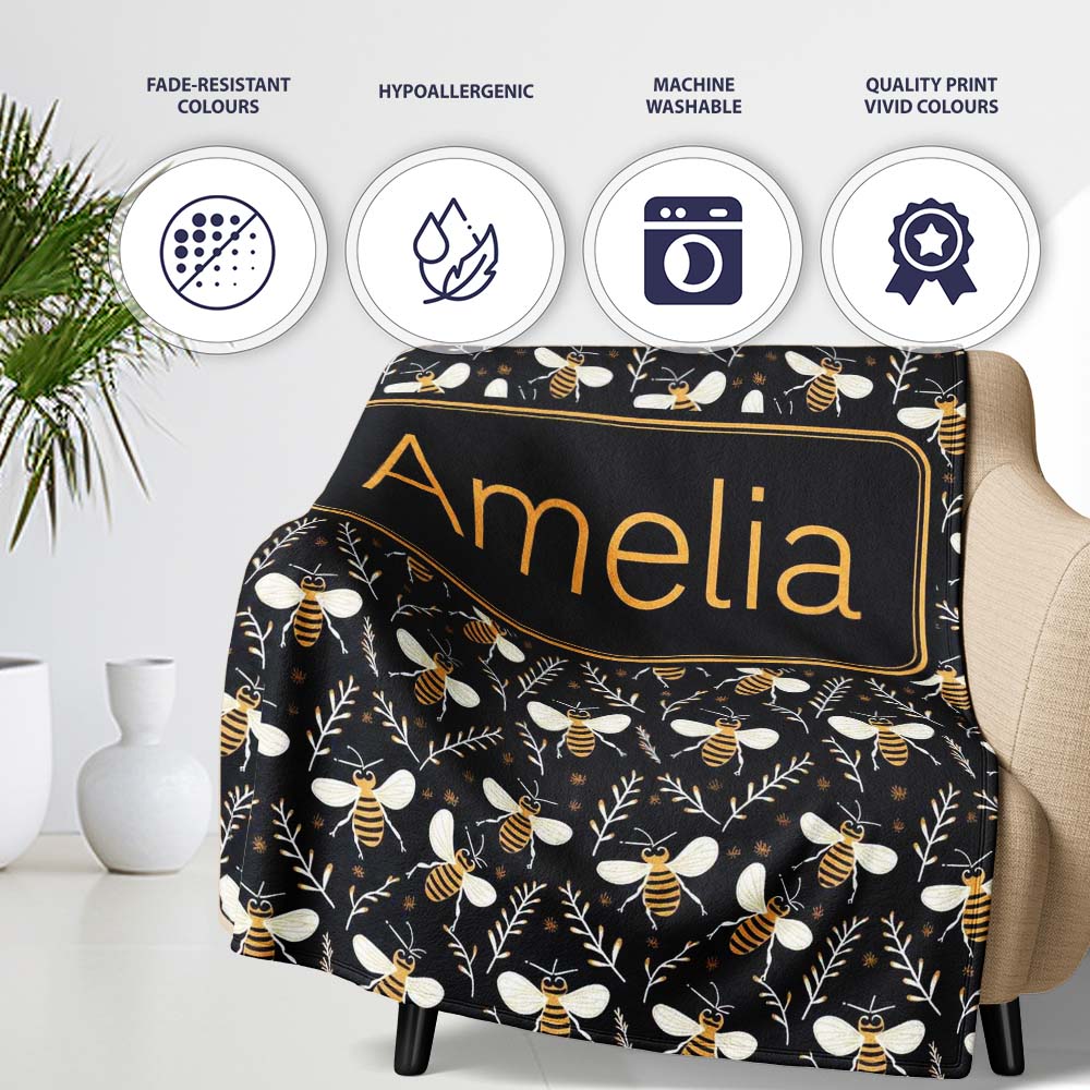 Cute Honey Bees and Botanical Leaves Dark Background Seamless Lovely Personalised Custom Name Super Soft Fleece Blanket Bed Sofa Throw