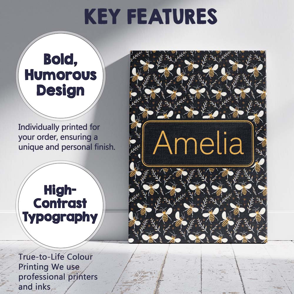 Personalised Name Cute Honey Bees and Custom Modern Room Accent Creative Decorator Style Canvas Wall Art Print Decor Picture Ready to Hang