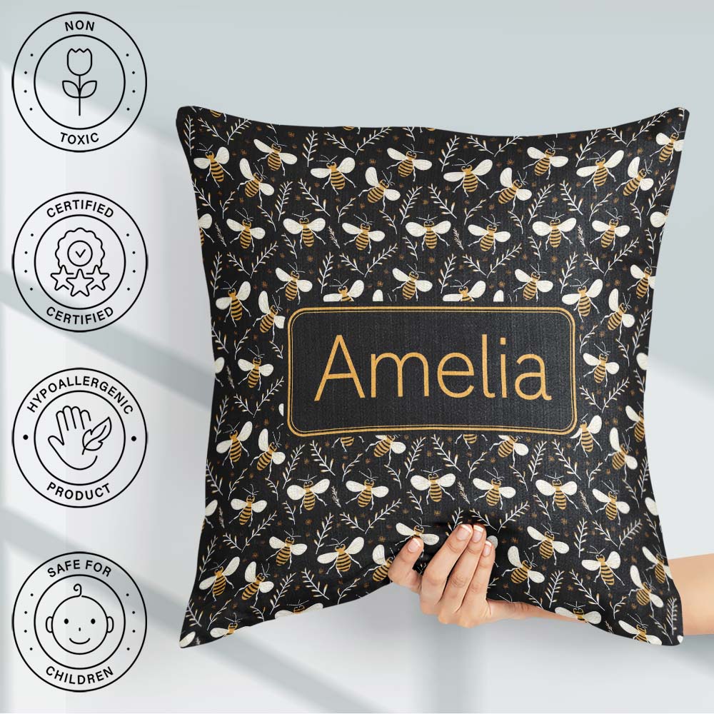 Custom Name Cute Honey Bees and Botanical Leaves Dark Background Square Filled Cushion Throw Pillow Sofa Bed Home Decor Zip Washable UK Made