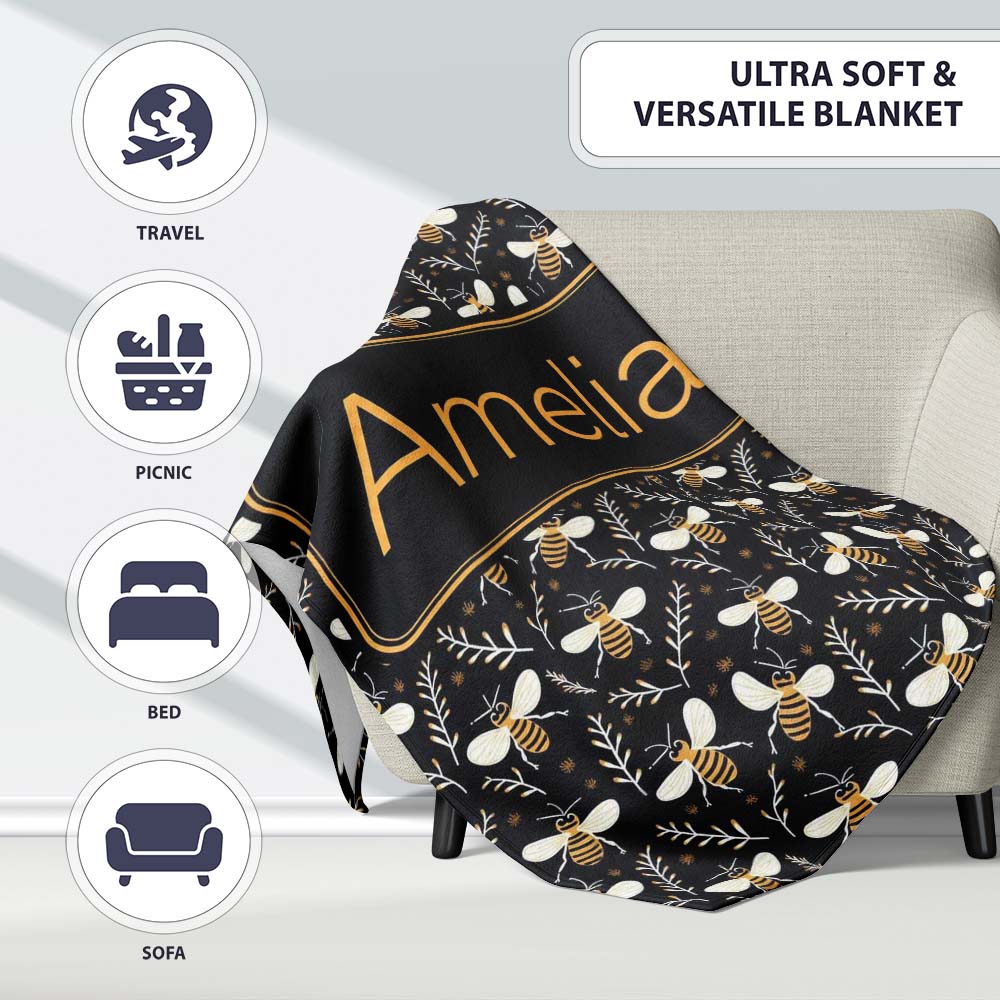 Cute Honey Bees and Botanical Leaves Dark Background Seamless Lovely Personalised Custom Name Super Soft Fleece Blanket Bed Sofa Throw