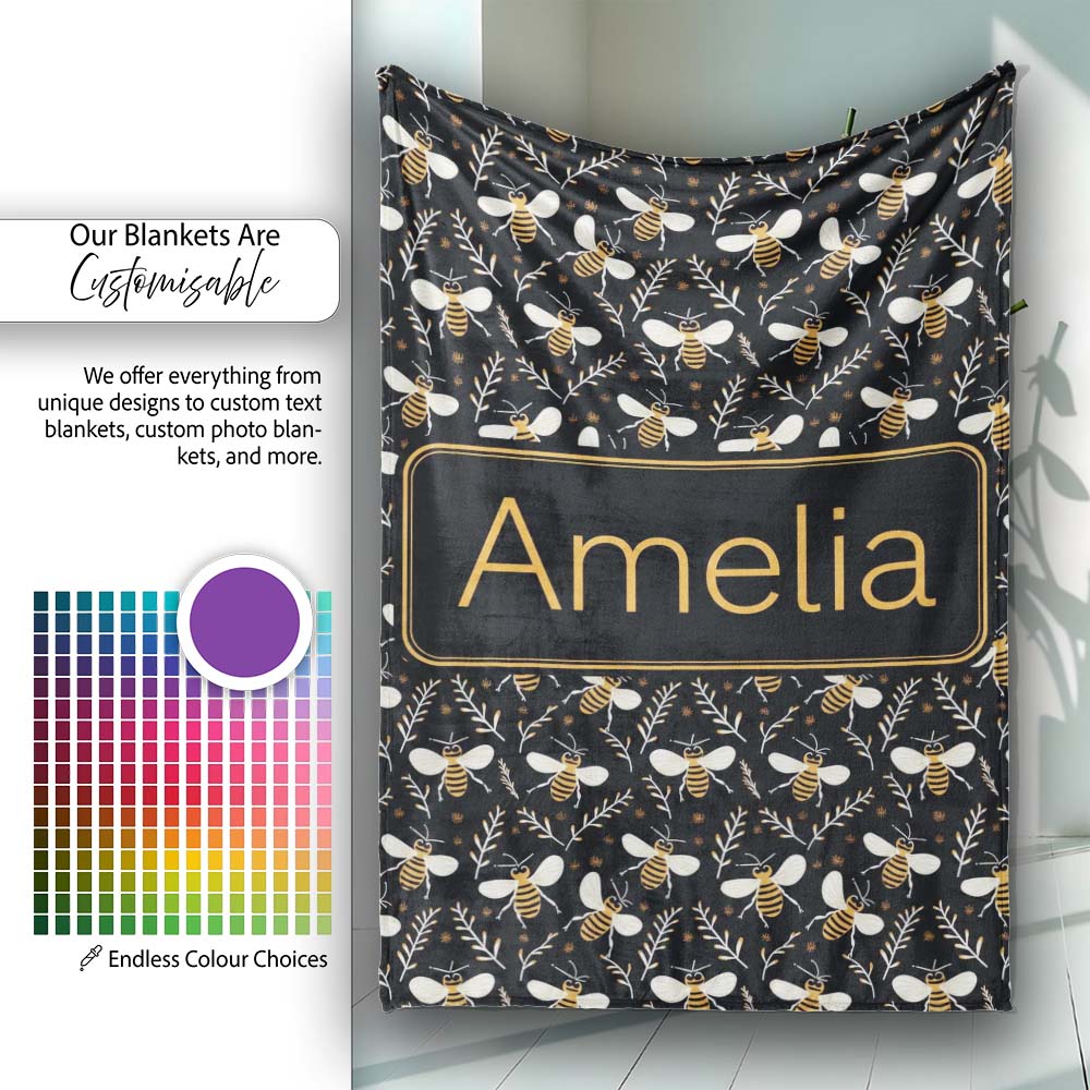 Cute Honey Bees and Botanical Leaves Dark Background Seamless Lovely Personalised Custom Name Super Soft Fleece Blanket Bed Sofa Throw