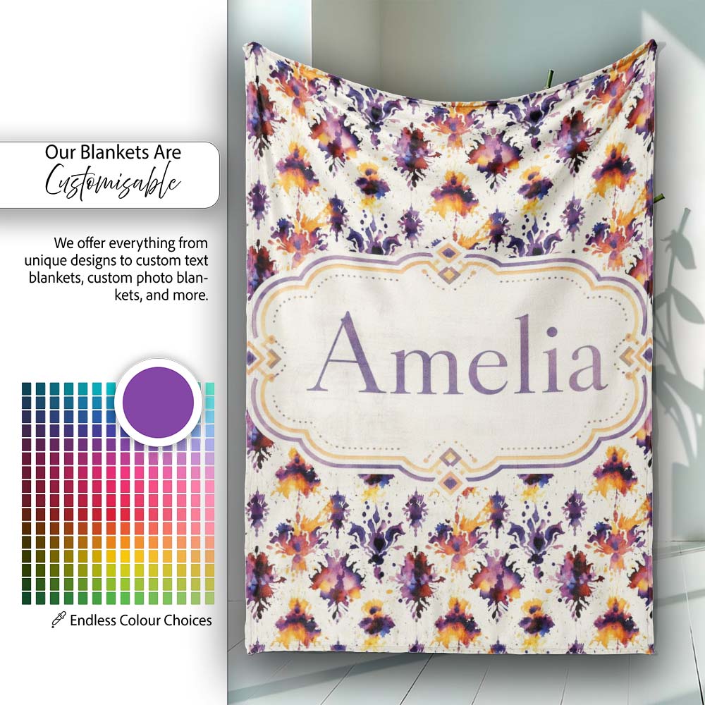 Abstract Watercolor Ink Blot Artistic Splash Seamless Pattern Lovely Personalised Custom Name Super Soft Fleece Blanket Bed Sofa Throw