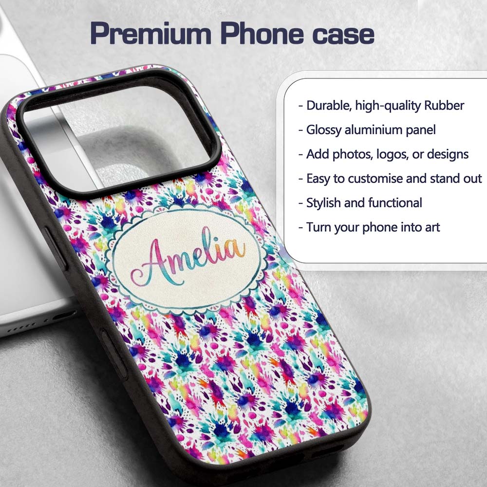 Bright Rainbow Watercolor Splash Vibrant Artistic Custom Name Protective Phone Case Mobile Cover Durable Everyday Smartphone Shock Resistant