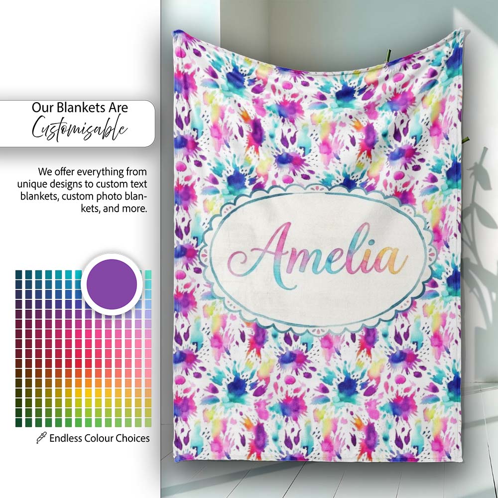 Bright Rainbow Watercolor Splash Vibrant Artistic Seamless Pattern Personalised Custom Name Super Soft Fleece Blanket Bed Sofa Throw
