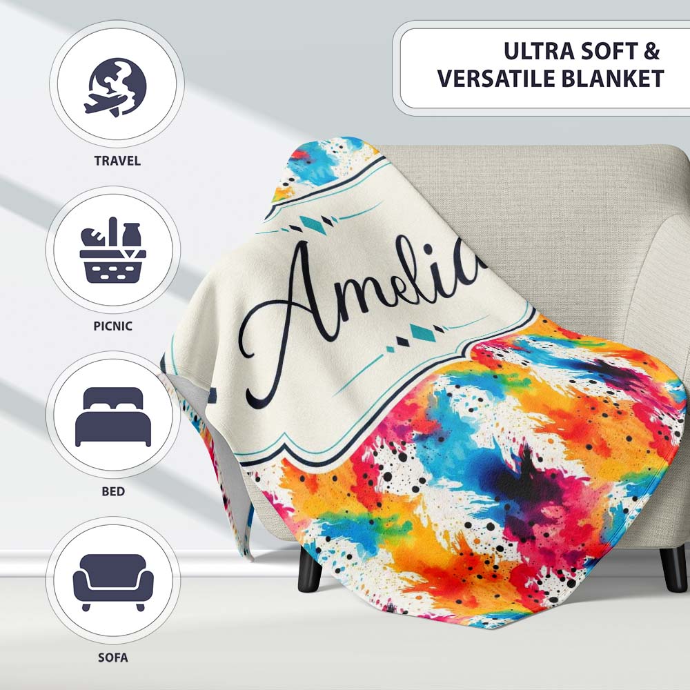 Colorful Paint Splash Abstract Ink Blot Modern Seamless Pattern Personalised Custom Name Super Soft Fleece Blanket Bed Sofa Throw