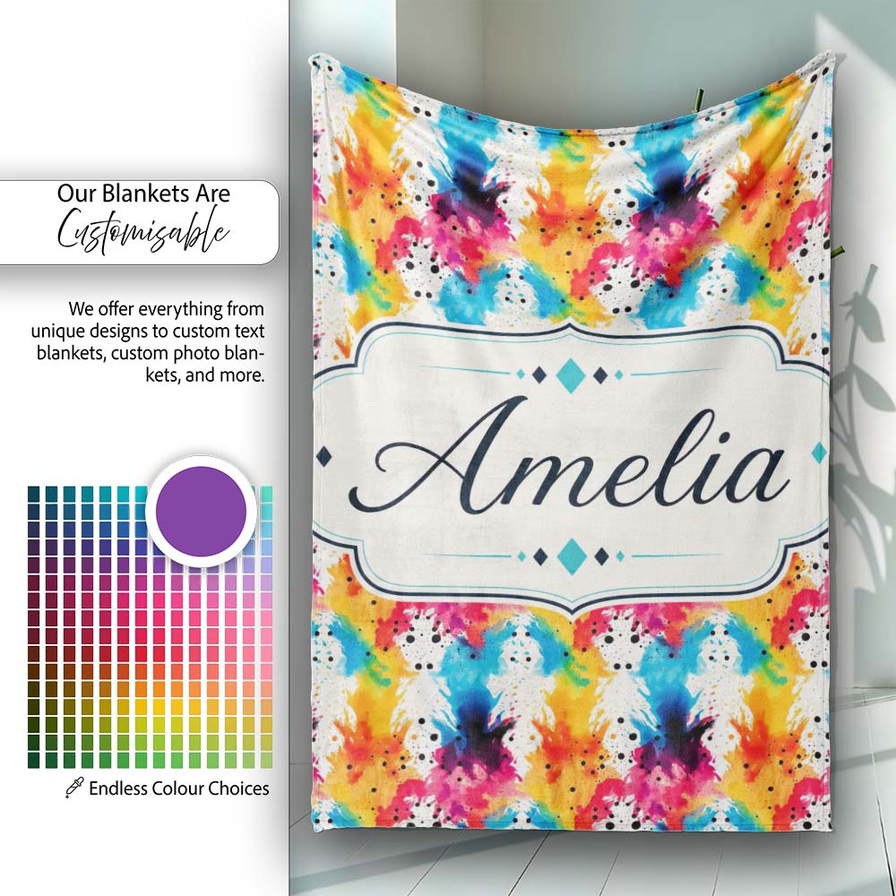 Colorful Paint Splash Abstract Ink Blot Modern Seamless Pattern Personalised Custom Name Super Soft Fleece Blanket Bed Sofa Throw