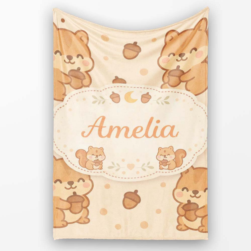 Cute Squirrel Acorn Cartoon Animal Pattern Perfect Gift for Her Personalised Custom Name Super Soft Fleece Blanket Bed Sofa Throw