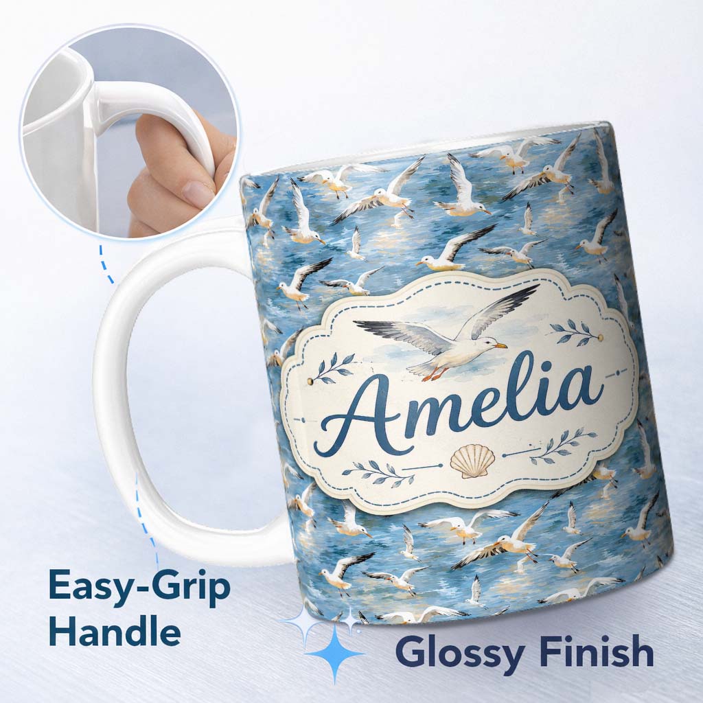 Personalized Custom Name Soft Watercolor Seagulls in Flight Over Sea Seamless Pattern Lovely 11oz Ceramic Coffee Tea Mug White Large Handle