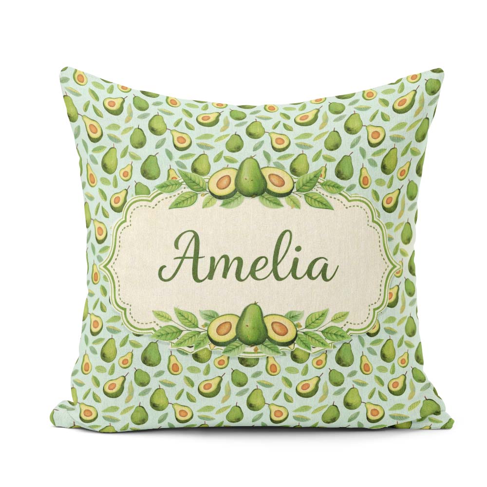 Custom Name Fresh Avocado Pear Leaf Pattern Soft Blue Background Square Filled Cushion Throw Pillow Sofa Bed Home Decor Zip Washable UK Made
