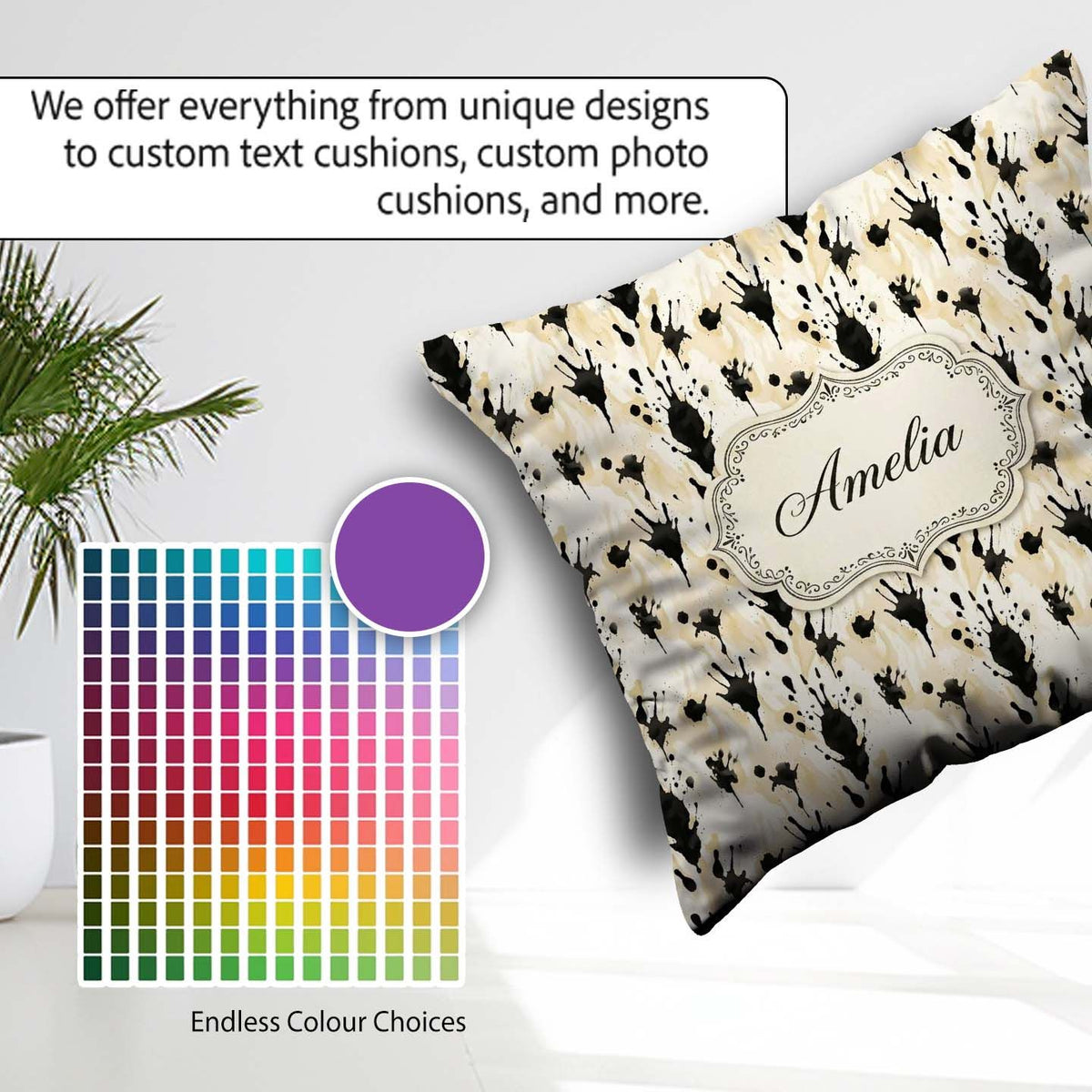 Custom Name Neutral Beige Black Splash Abstract Artistic Pattern Square Filled Cushion Throw Pillow Sofa Bed Home Decor Zip Washable UK Made