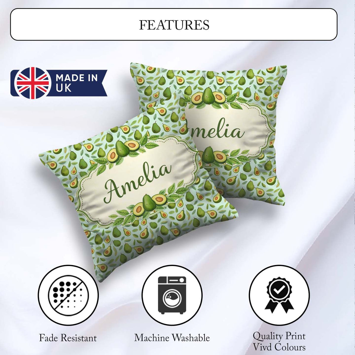 Custom Name Fresh Avocado Pear Leaf Pattern Soft Blue Background Square Filled Cushion Throw Pillow Sofa Bed Home Decor Zip Washable UK Made