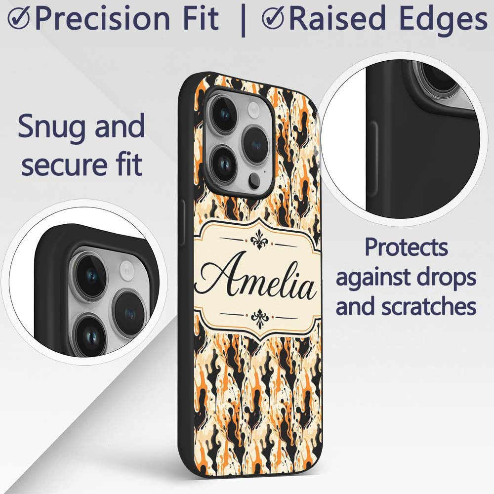Orange Black Liquid Marble Abstract Flow Seamless Custom Name Protective Phone Case Mobile Cover Durable Everyday Smartphone Shock Resistant