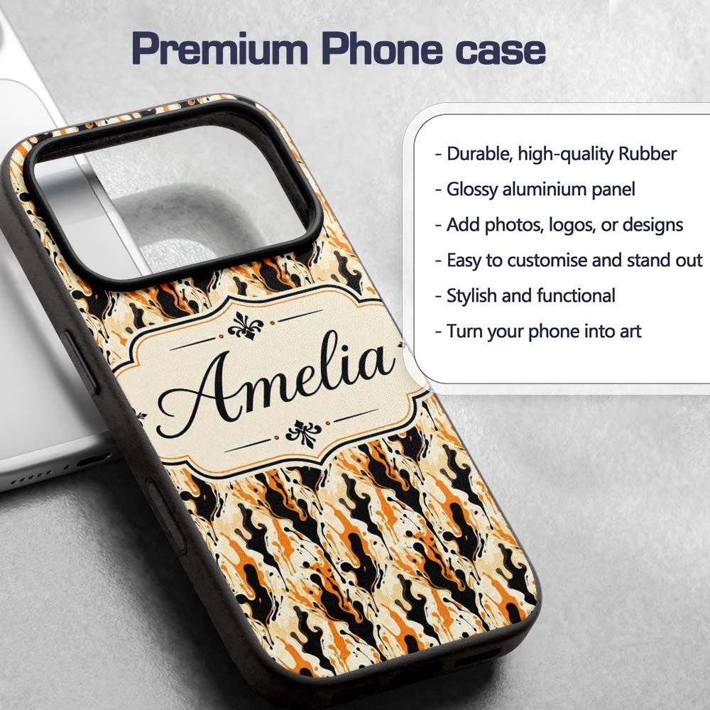 Orange Black Liquid Marble Abstract Flow Seamless Custom Name Protective Phone Case Mobile Cover Durable Everyday Smartphone Shock Resistant