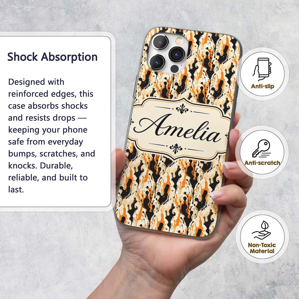 Orange Black Liquid Marble Abstract Flow Seamless Custom Name Protective Phone Case Mobile Cover Durable Everyday Smartphone Shock Resistant