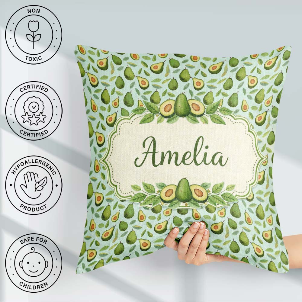 Custom Name Fresh Avocado Pear Leaf Pattern Soft Blue Background Square Filled Cushion Throw Pillow Sofa Bed Home Decor Zip Washable UK Made