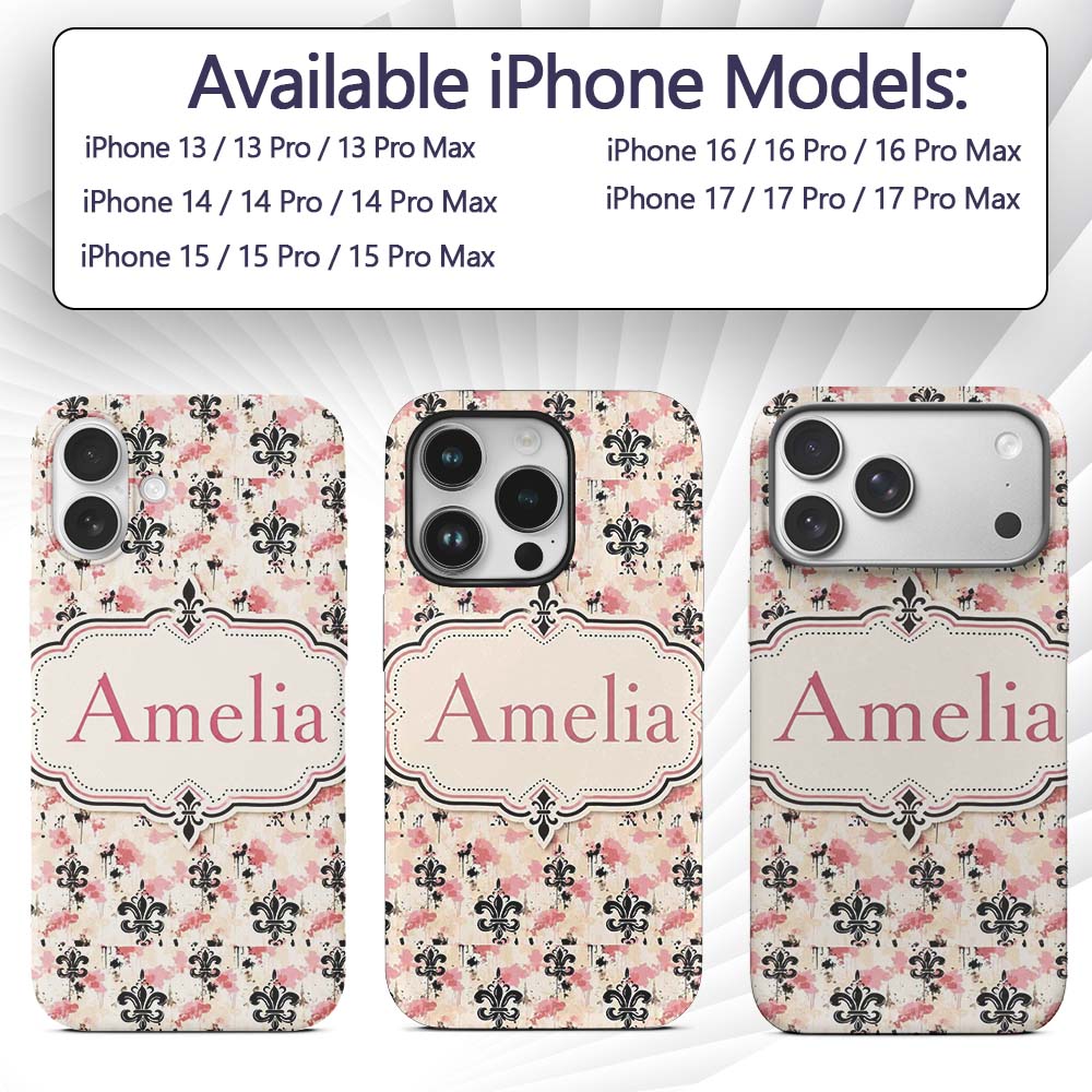 Pink Grunge Fleur De Lis Artistic Printed Design Custom Name Protective Phone Case Mobile Cover Durable Everyday Smartphone Shock Resistant