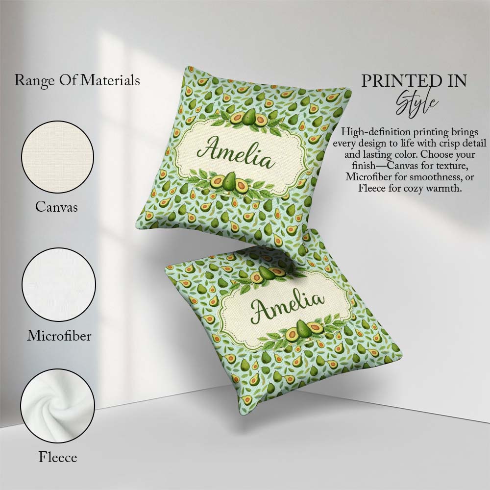 Custom Name Fresh Avocado Pear Leaf Pattern Soft Blue Background Square Filled Cushion Throw Pillow Sofa Bed Home Decor Zip Washable UK Made