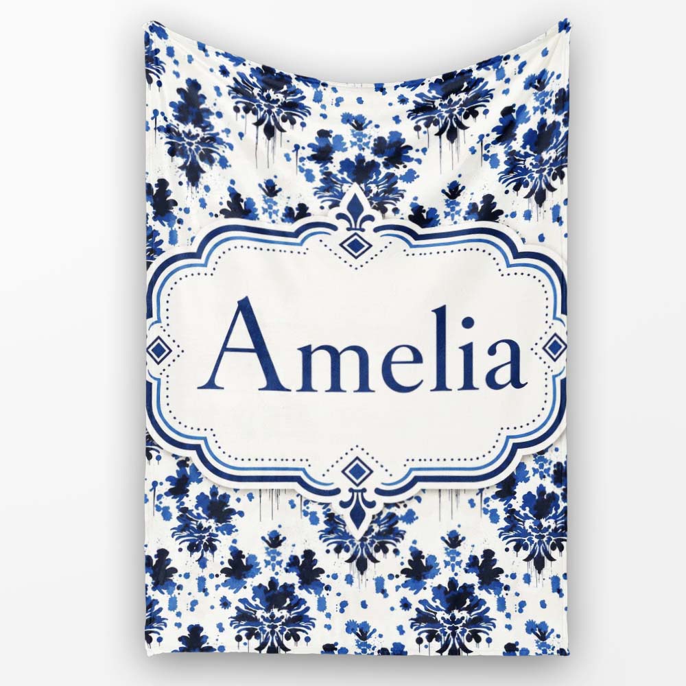 Navy Blue Floral Ink Blot Damask Seamless Pattern Cute Unique Gift Personalised Custom Name Super Soft Fleece Blanket Bed Sofa Throw