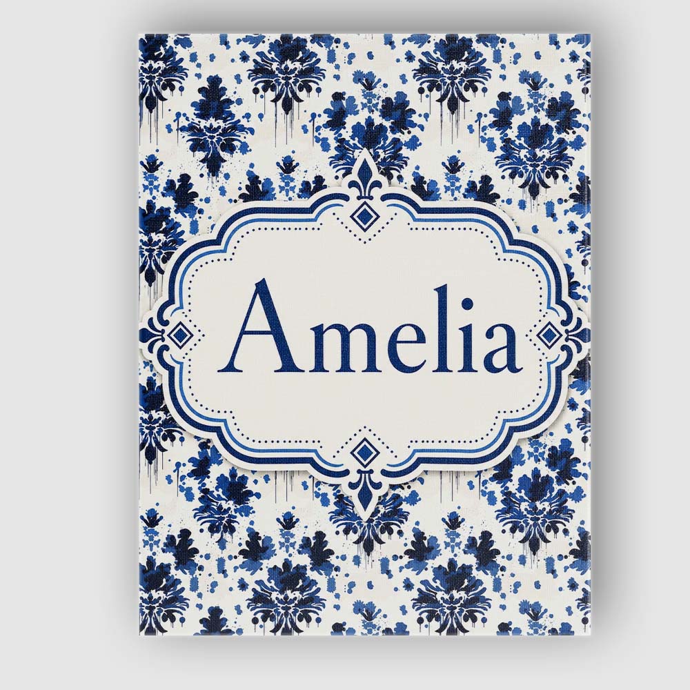 Personalised Name Navy Blue Floral Ink Blot Custom Bespoke Interior Contemporary Canvas Wall Art Print Decor Picture Ready to Hang