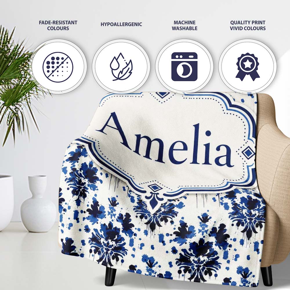 Navy Blue Floral Ink Blot Damask Seamless Pattern Cute Unique Gift Personalised Custom Name Super Soft Fleece Blanket Bed Sofa Throw