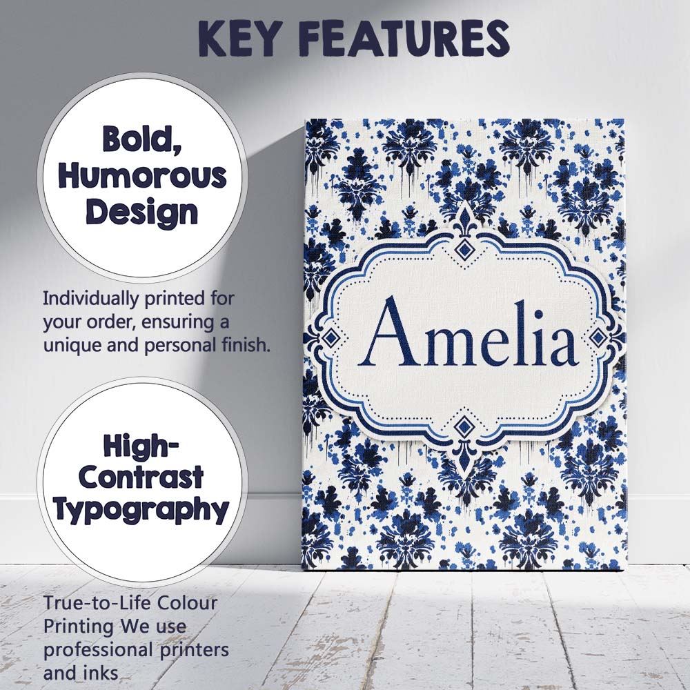 Personalised Name Navy Blue Floral Ink Blot Custom Bespoke Interior Contemporary Canvas Wall Art Print Decor Picture Ready to Hang