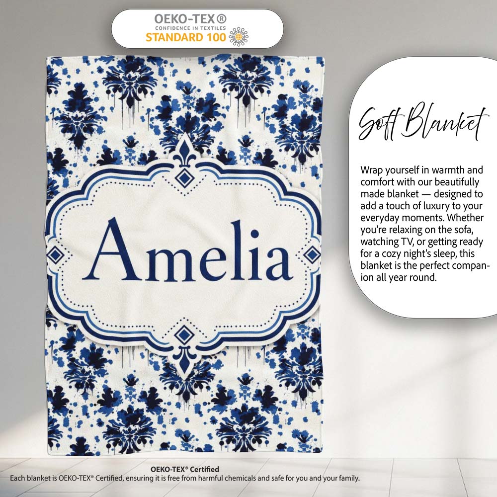 Navy Blue Floral Ink Blot Damask Seamless Pattern Cute Unique Gift Personalised Custom Name Super Soft Fleece Blanket Bed Sofa Throw