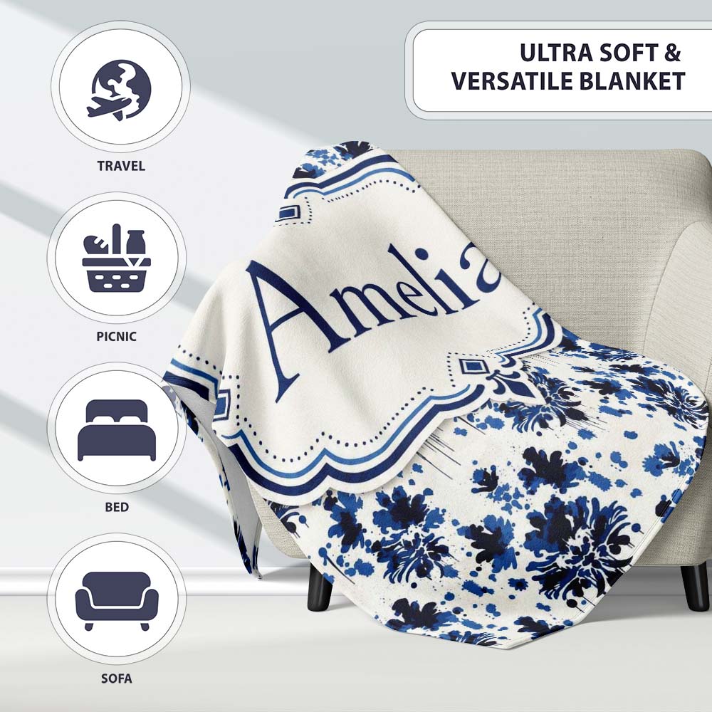Navy Blue Floral Ink Blot Damask Seamless Pattern Cute Unique Gift Personalised Custom Name Super Soft Fleece Blanket Bed Sofa Throw