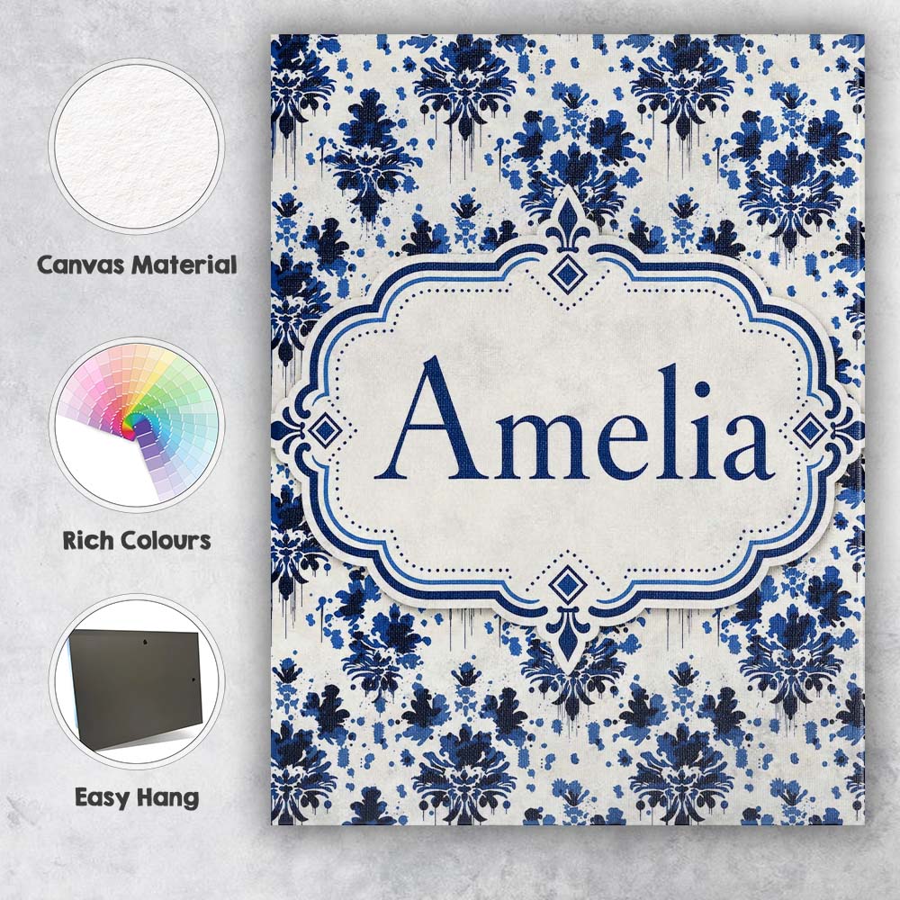 Personalised Name Navy Blue Floral Ink Blot Custom Bespoke Interior Contemporary Canvas Wall Art Print Decor Picture Ready to Hang