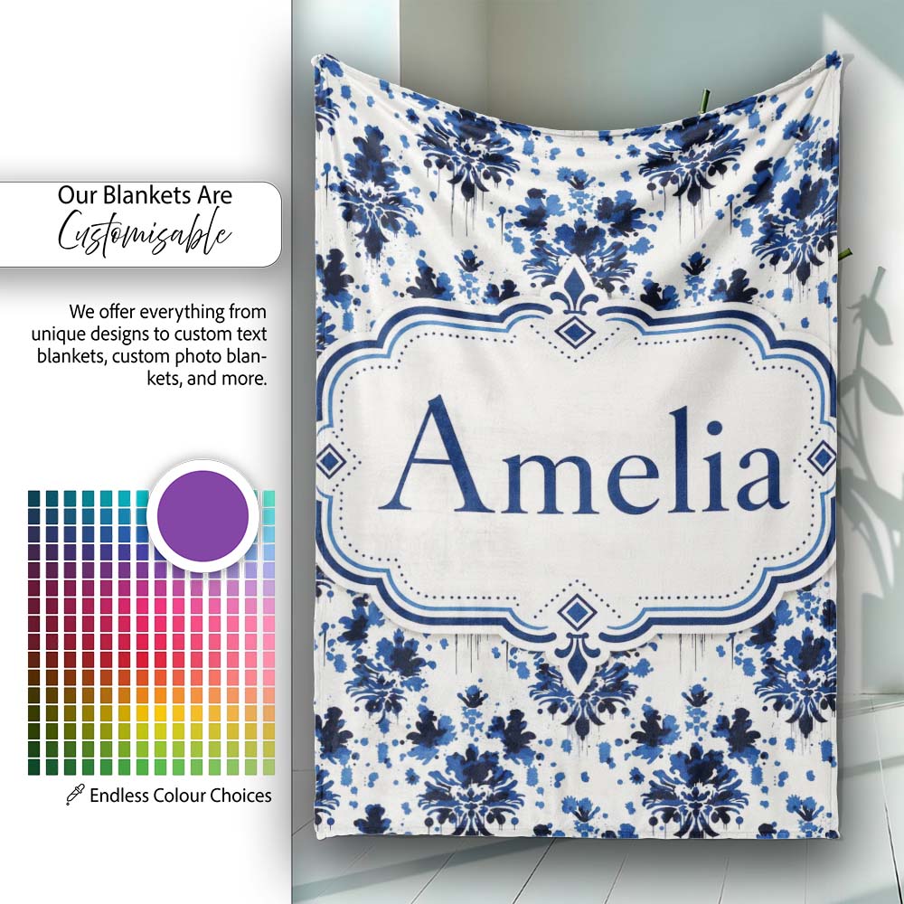 Navy Blue Floral Ink Blot Damask Seamless Pattern Cute Unique Gift Personalised Custom Name Super Soft Fleece Blanket Bed Sofa Throw