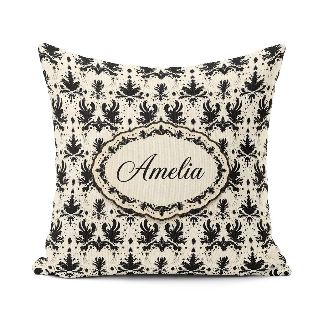 Custom Name Black Damask Silhouette Ornamental Seamless Pattern Square Filled Cushion Throw Pillow Sofa Bed Home Decor Zip Washable UK Made