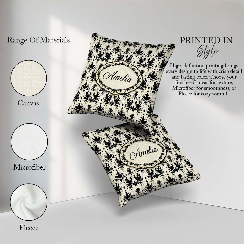 Custom Name Black Damask Silhouette Ornamental Seamless Pattern Square Filled Cushion Throw Pillow Sofa Bed Home Decor Zip Washable UK Made