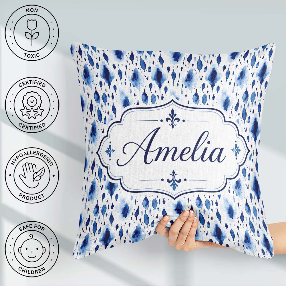 Custom Name Blue Watercolour Droplet Abstract Seamless Pattern Square Filled Cushion Throw Pillow Sofa Bed Home Decor Zip Washable UK Made