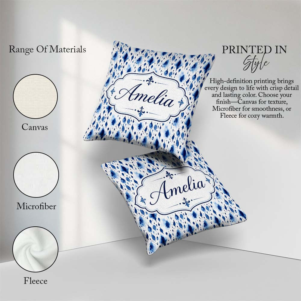 Custom Name Blue Watercolour Droplet Abstract Seamless Pattern Square Filled Cushion Throw Pillow Sofa Bed Home Decor Zip Washable UK Made
