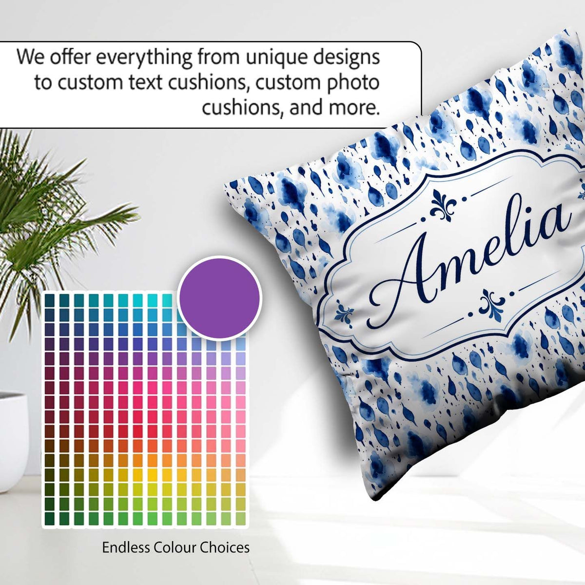 Custom Name Blue Watercolour Droplet Abstract Seamless Pattern Square Filled Cushion Throw Pillow Sofa Bed Home Decor Zip Washable UK Made
