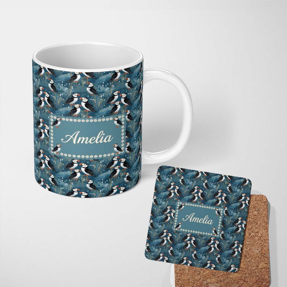 Personalized Custom Name Decorative Puffin Birds with Abstract Ocean Plants Seamless Pattern 11oz Ceramic Coffee Tea Mug White Large Handle