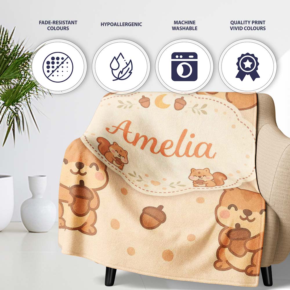 Cute Squirrel Acorn Cartoon Animal Pattern Perfect Gift for Her Personalised Custom Name Super Soft Fleece Blanket Bed Sofa Throw