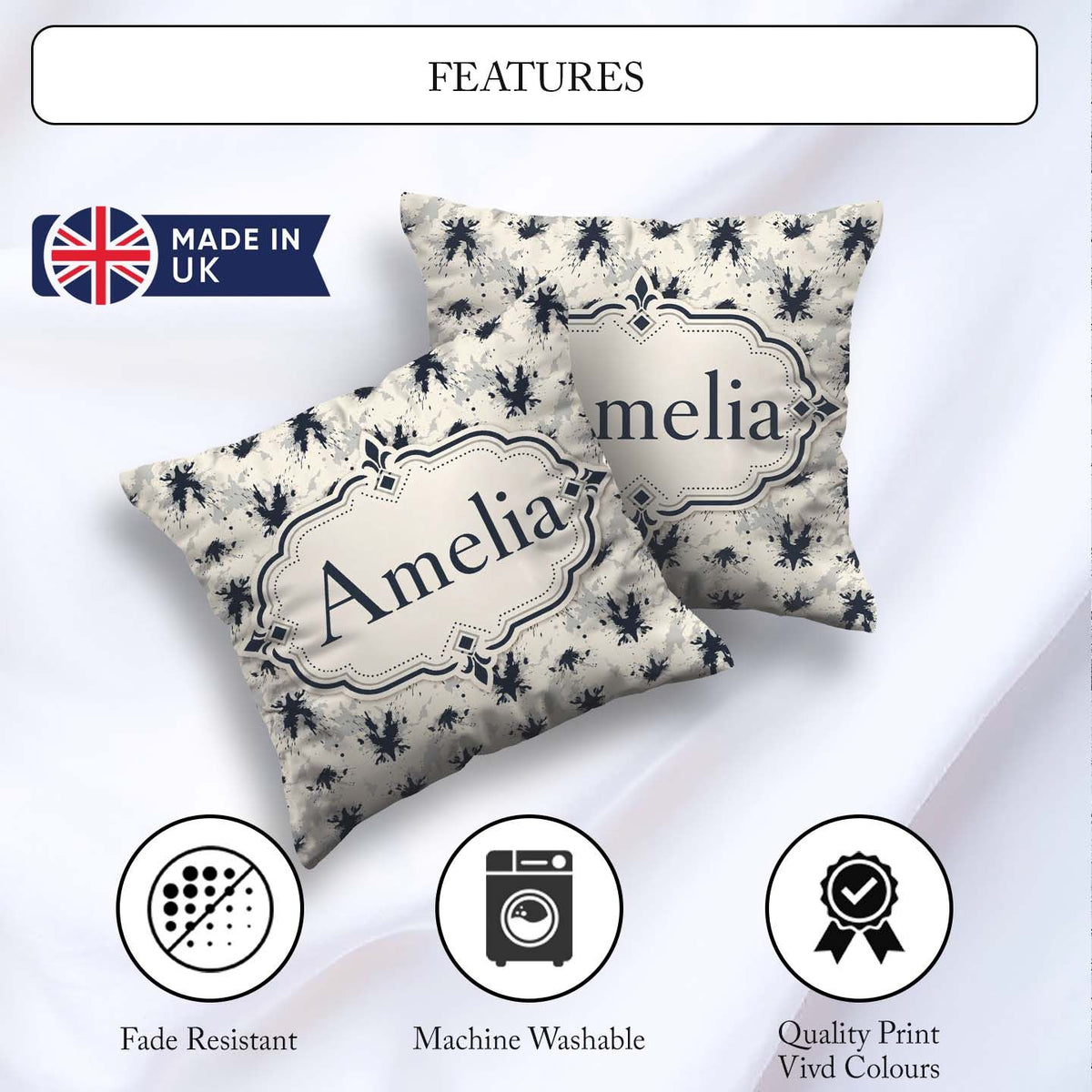 Custom Name Black Ink Splatter Abstract Grunge Seamless Pattern Square Filled Cushion Throw Pillow Sofa Bed Home Decor Zip Washable UK Made