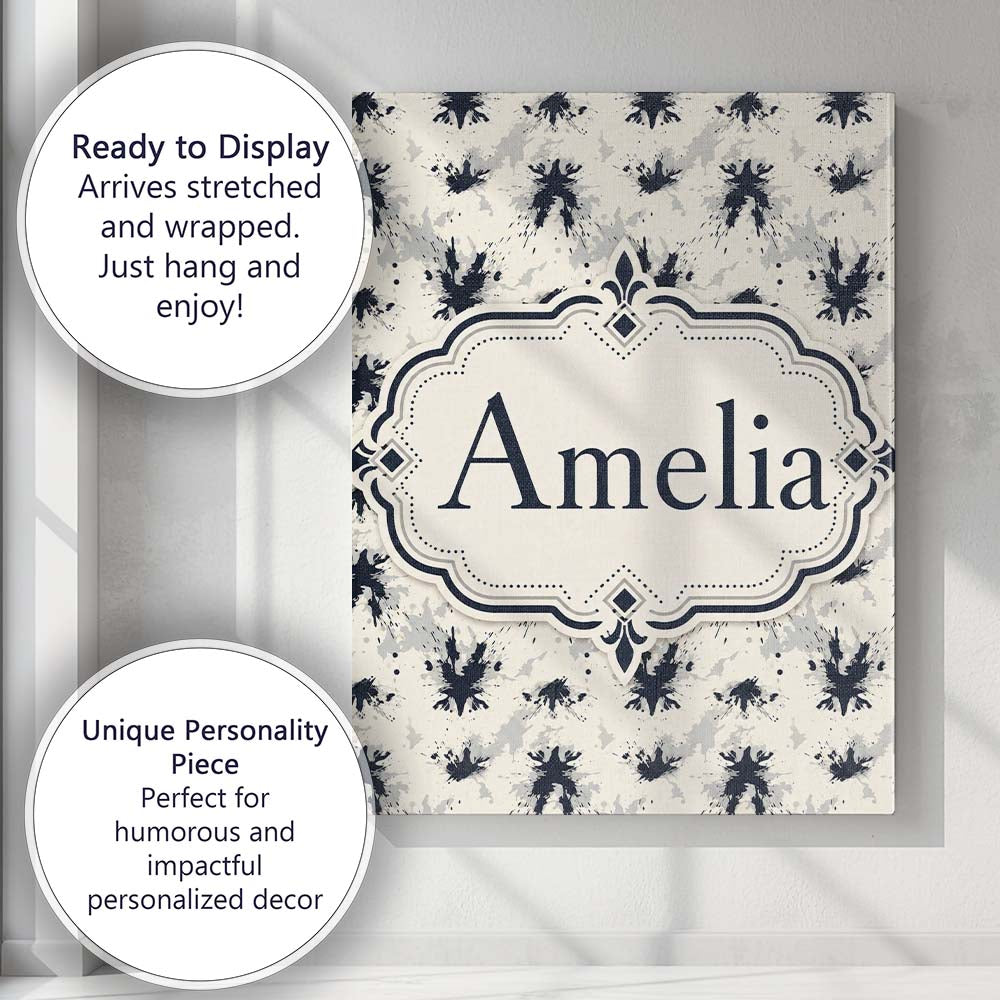 Personalised Name Black Ink Splatter Custom Premium Decorative Design Modern Room Accent Canvas Wall Art Print Decor Picture Ready to Hang