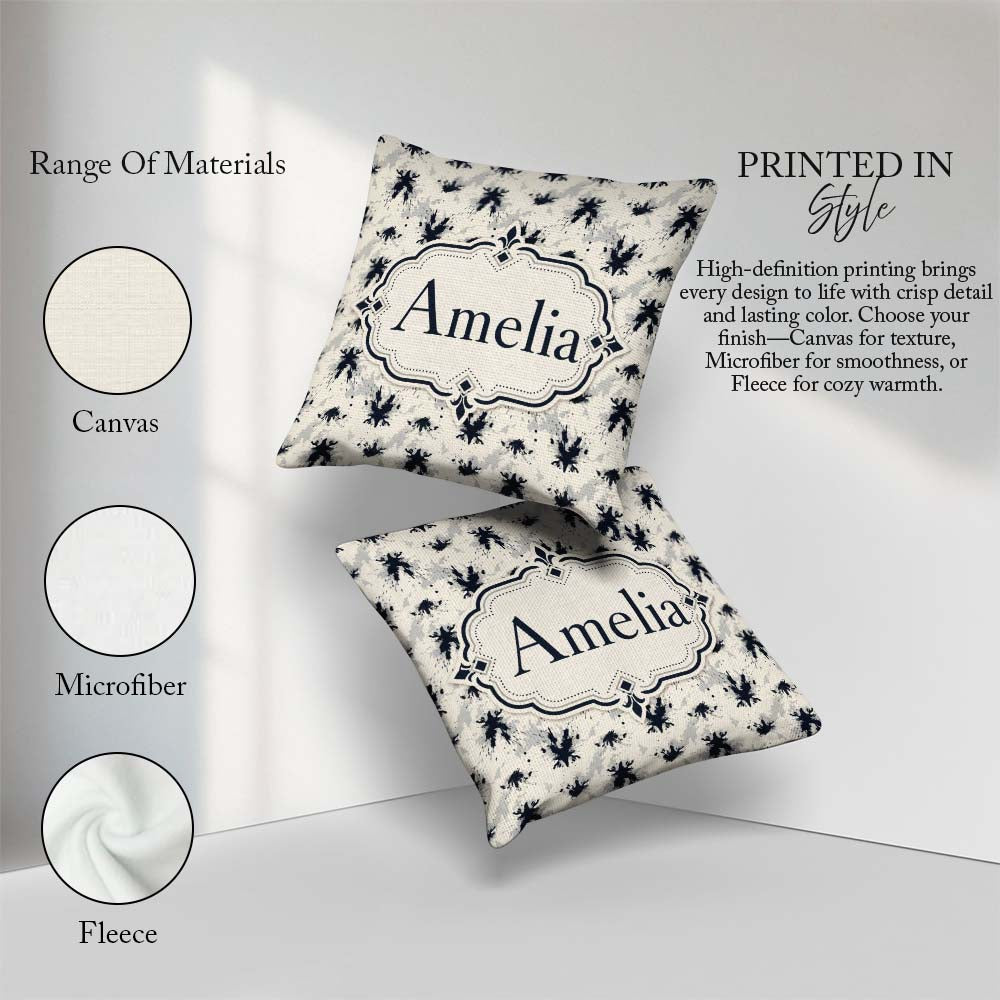 Custom Name Black Ink Splatter Abstract Grunge Seamless Pattern Square Filled Cushion Throw Pillow Sofa Bed Home Decor Zip Washable UK Made