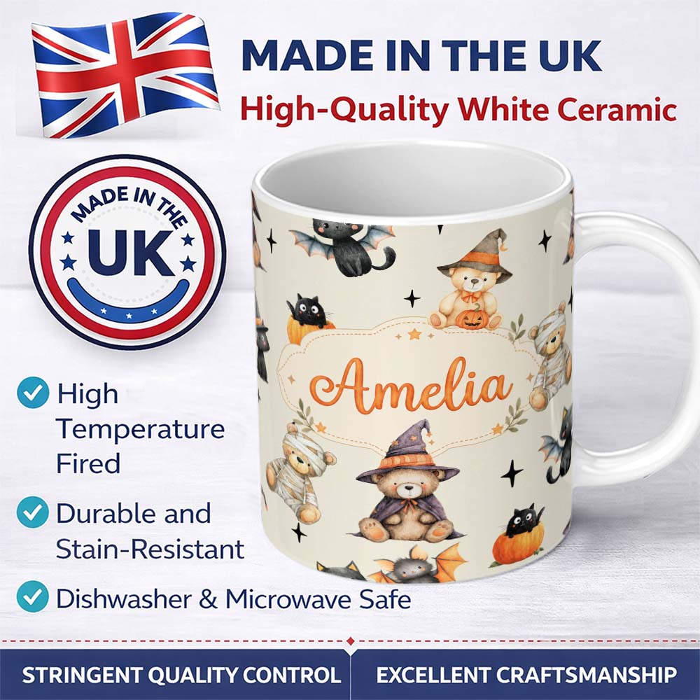 Personalized Custom Name Cute Halloween Teddy Bears Mummy Witch Cat Pumpkin Stars Cream 11oz Ceramic Coffee Tea Mug White Large Handle