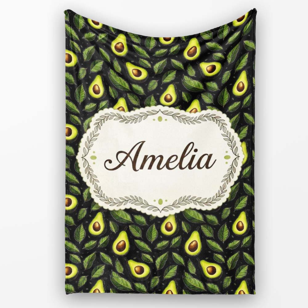 Dark Avocado Leaf Seamless Black Background Fresh Fruit Botanical Personalised Custom Name Super Soft Fleece Blanket Bed Sofa Throw