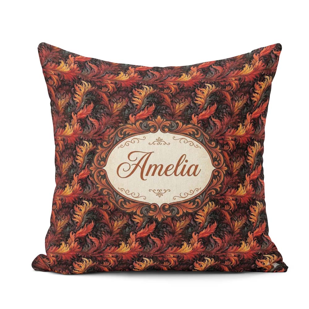 Custom Name Rich Red Gold Ornamental Leaf Swirl Seamless Pattern Square Filled Cushion Throw Pillow Sofa Bed Home Decor Zip Washable UK Made