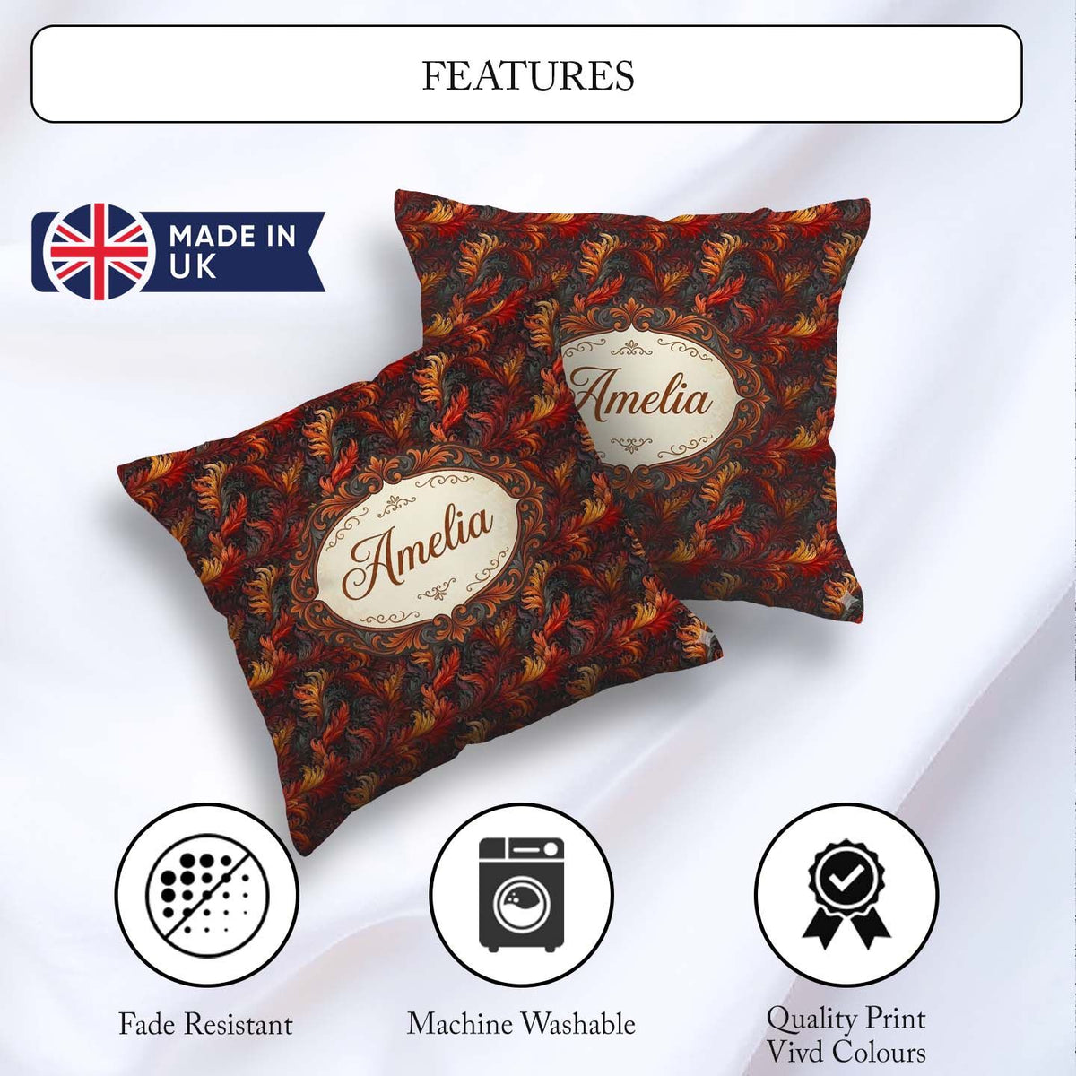 Custom Name Rich Red Gold Ornamental Leaf Swirl Seamless Pattern Square Filled Cushion Throw Pillow Sofa Bed Home Decor Zip Washable UK Made