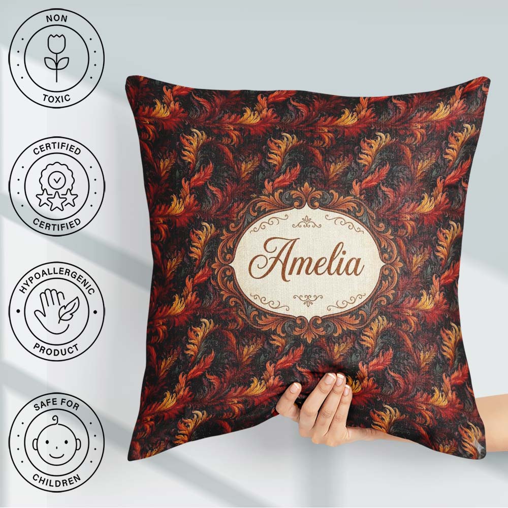 Custom Name Rich Red Gold Ornamental Leaf Swirl Seamless Pattern Square Filled Cushion Throw Pillow Sofa Bed Home Decor Zip Washable UK Made